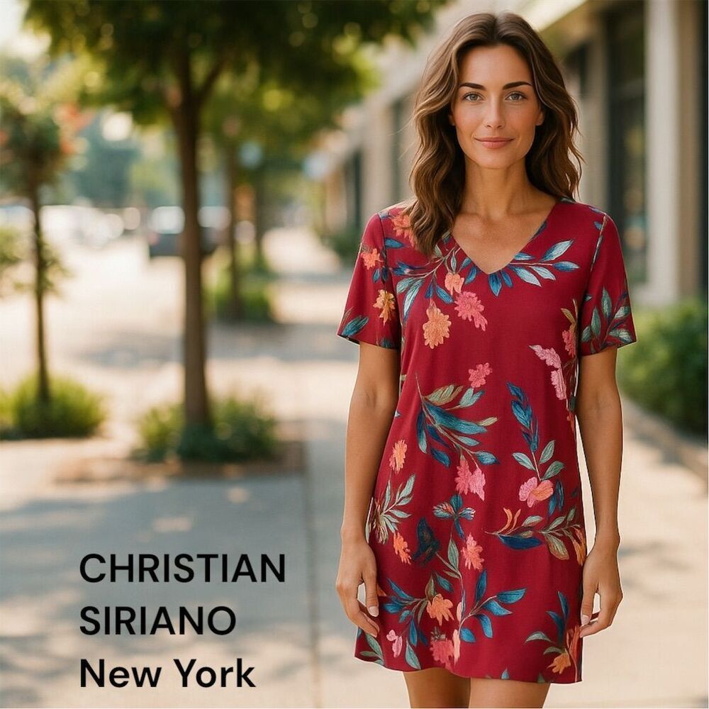 Christian Siriano Women's Burgundy Tropical Floral Short Sleeve Shift Dress
